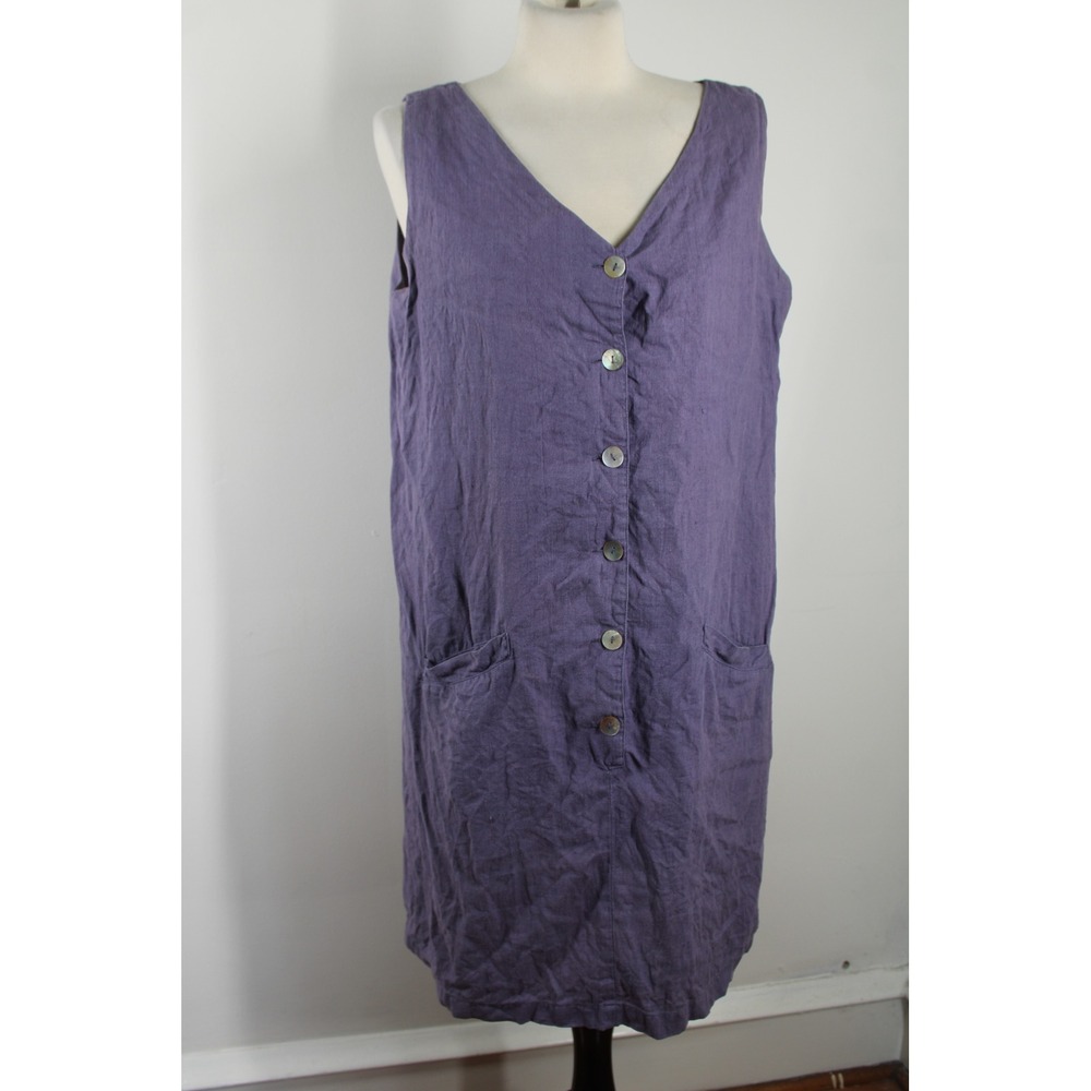 Vtg Chico's Design 1 M Purple Linen Button Sleeveless Midi Tank Dress Pockets